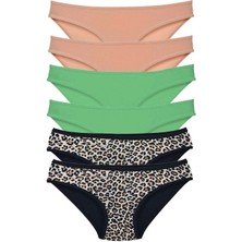 6 Adet Likralı Kadın Slip Külot Leopar Ten Yeşil