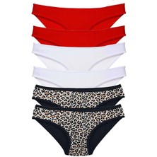 6 Adet Likralı Kadın Slip Külot Leopar Kırmızı Beyaz