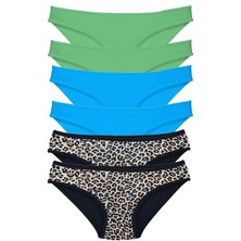 6 Adet Likralı Kadın Slip Külot Leopar Yeşil Mavi