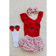 Kız Bebek Ribana Tek Kol Askılı Çıtçıtlı Kırmızı Body Fırfırlı Çilek Desen Etek Çilek Keçe Çorap Set