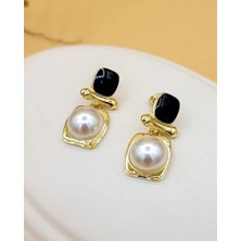 Siyah Mineli Inci Taş Etnik Kare Pirinç Küpe