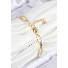 316L Çelik Nazar Boncuğu ve Zirkon Taşlı Kalp Model Gold Renk Kadın Bileklik - Bamido