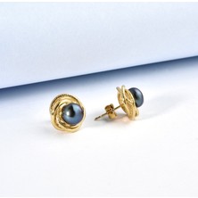 925 Ayar Gümüş Altın Kaplama Tahitian Siyah Inci Detaylı Çivi Küpe - EP00139