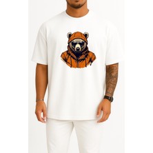 Oversize Kapşonlu Gözlüklü Ayı Göğüs ve Sırt Tasarımlı Unisex T-Shirt