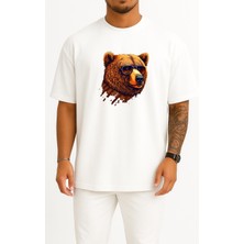 Oversize Gözlüklü Havalı Ayı Portresi Göğüs ve Sırt Tasarımlı Unisex T-Shirt