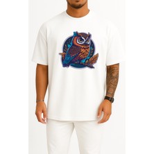Oversize Sticker Owl Mascot Göğüs Tasarımlı Unisex T-Shirt