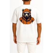 Oversize Kapşonlu Gözlüklü Ayı Sırt Tasarımlı Unisex T-Shirt