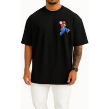 Oversize Süper Mario Cep Tasarımlı Unisex T-Shirt