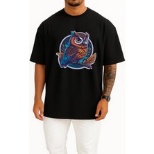 Oversize Sticker Owl Mascot Göğüs ve Sırt Tasarımlı Unisex T-Shirt