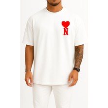 Oversize Kalp ve N Harfi Cep Tasarımlı Unisex T-Shirt