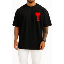 Oversize Kalp ve R Harfi Cep Tasarımlı Unisex T-Shirt