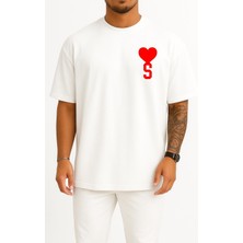 Oversize Kalp ve S Harfi Cep Tasarımlı Unisex T-Shirt