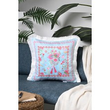 Love Bloom Kalpli Mavi Renkli Çiçekli Saçaklı Kadife Kırlent Kılıfı - 43X43CM