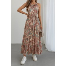 Tiana Kadın Halter Yakalı Omuzlardan Açık Kuşaklı Maksi Boy Desenli Süprem Elbise