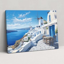 Popcas Santorini Kanvas Tablo - Ege Denizi'nde Gerçekçi Rüzgar Gülü - Santorini Zamansız Güzellik Duvar Sanatı Ev Dekorasyonu