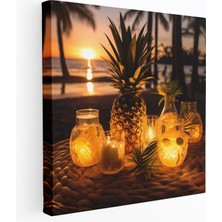 Popcas Tropikal Ananas Duvar Sanatı - Ananas Kanvas Tablo Nefes Kesen Günbatımı Palmiye Ağaçları