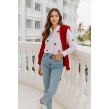 Rich Kadın Oversize Gömlek Çilek Desenli Beyaz Pamuk  Gömlek