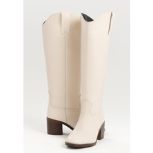 Mio Gusto Ten Rengi Hakiki Deri Görünümlü Blok Topuklu Kadın Uzun Fermuarsız Çizme