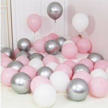 Balonevi 30 Metalik Balon Seti Helyumla Uçan Gümüş-Pembe-Beyaz Renklerle