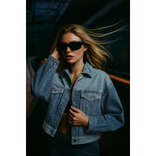Blue White Kadın Renk Bloklu Oversize Jean Ceket Mavi