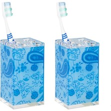 2 Adet Diş Fırçalık Mavi Çiçekli Akrilik 6X6X12CM Banyo Seti