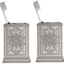 2 Adet Diş Fırçalık Dekoratif Işlemeli Gümüş Poliresin 8X6X11CM