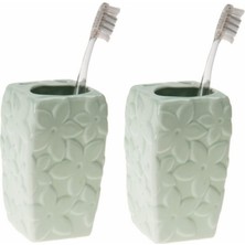 2 Adet Seramik Diş Fırçalık Çiçekli Su Yeşili 7X7X12CM  Banyo Seti