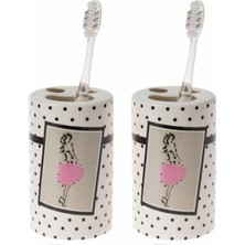 2 Adet Seramik Diş Fırçalık Pembe Elbiseli Kadın Model 7X7X11CM Banyo Seti