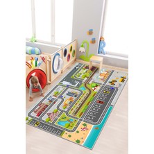West Home Kaymaz Taban Leke Tutmaz Yol Desenli Makinede Yıkanabilir Çocuk Odası Halısı 180 x 200 cm Gri