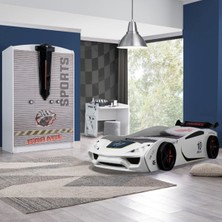 Çocuk Odası - Vento Arabalı Yatak - Sport 3 Kapılı Dolap, Masa - Beyaz