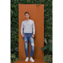 Efor Erkek Slim Fit Beş Cep Yırtık Detaylı Yamalı Mavi Jean Kot Pantolon Denim 116