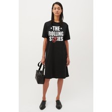 Rolling Stones Siyah Kısa Kol Diz Üstü Orta Boy Penye Elbise