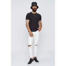 Efor Erkek Rahat Kalıp Beş Cep Likralı Dizi Yırtık Beyaz Jean Kot Pantolon Denim 099