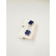 Çelik Yonca Lacivert Gümüş Renk Küpe Çivili