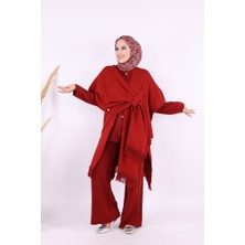 Bym Fashion Şal Bağlamalı Triko Panço 12630 Bordo