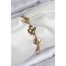 316L Çelik Nazar Boncuk Detaylı Yonca Model Gold Renk Kadın Bileklik