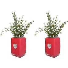 2 Adet Vazo Dahil,vazoda Çiçek,beyaz Yapay Çiçek,vazo Dekoratif Kristal Taşlı Kırmızı Kalpli  6X6X16CM