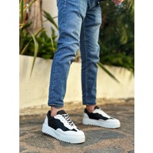 ET0802 Siyah Renk Beyaz Parçalı Yüksek Taban Erkek Günlük Ayakkabı