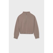 Kız Çocuk Yarım Fermuarlı Kabartma Yazılı Sweatshirt - Vizon