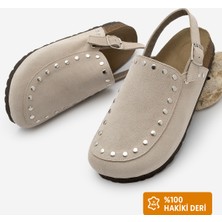 Marjin Kadın Hakiki Deri Eva Taban Önü Kapalı Zımbalı Günlük Sandalet Bolve Bej