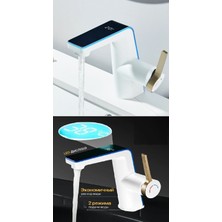 Akıllı Dijital Sıcaklık LED Ekran Banyo Lavabo Bataryası Beyaz Gold 2 Akış Ayarı Ithal 7 Yıl Garanti
