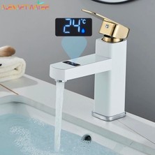 Akıllı Dijital Sıcaklık LED Ekran Banyo Lavabo Bataryası Beyaz Gold Ithal 7 Yıl Garantili