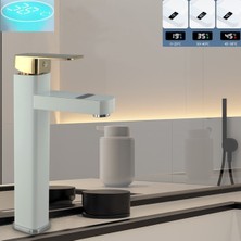 Akıllı Dijital Sıcaklık LED Ekran Banyo Çanak Lavabo Bataryası Beyaz Gold Ithal 7 Yıl Garantili