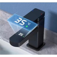 Akıllı Dijital Sıcaklık LED Ekran Banyo Lavabo Bataryası Siyah Gold Ithal 7 Yıl Garantili