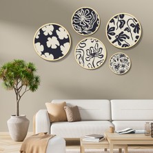 Yuvarlak Ahşap Çerçeveli Siyah ve Krem Bitki Desenleri Tablo Seti