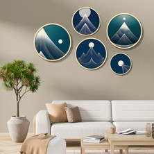 Yuvarlak Ahşap Çerçeveli Mavi ve Yeşil Çizgisel Dağ ve Ay Tablo Seti