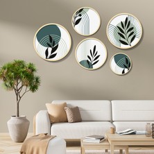 Yuvarlak Ahşap Çerçeveli Minimalist Çizgiler ve Siyah Bitki Tablo Seti