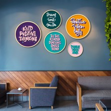 Yuvarlak Ahşap Çerçeveli Renkli Motto Sözler Tablo Seti