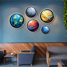 Yuvarlak Ahşap Çerçeveli Renkli Gezegenler Tablo Seti