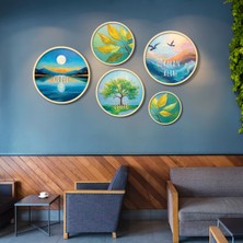 Yuvarlak Ahşap Çerçeveli Manzaralı "güzel Şeyler Zaman Alır" Yazısı Tablo Seti